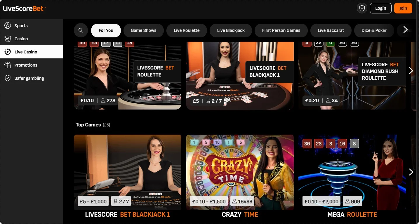 livescore bet live casino